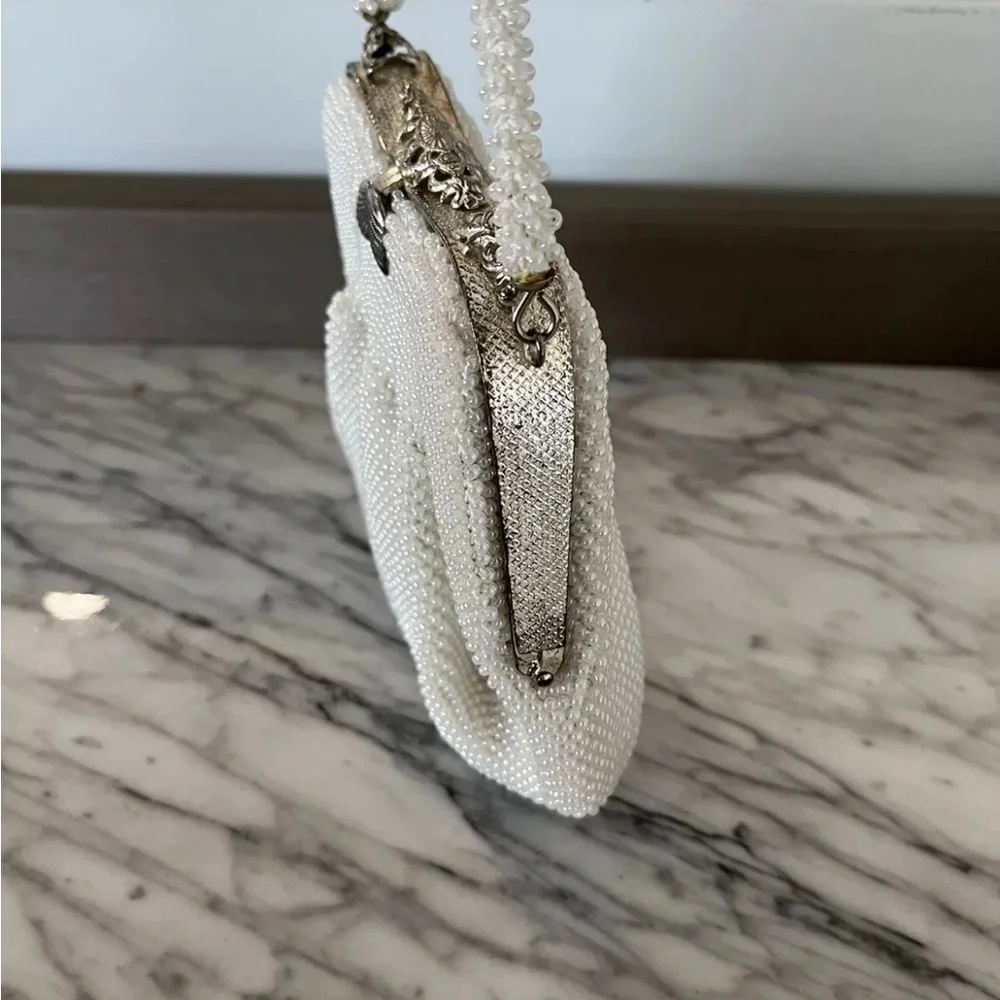White Pearl Beaded Purse Evening Bag Clutch Silver Frame Clasp Vintage 50s 60s